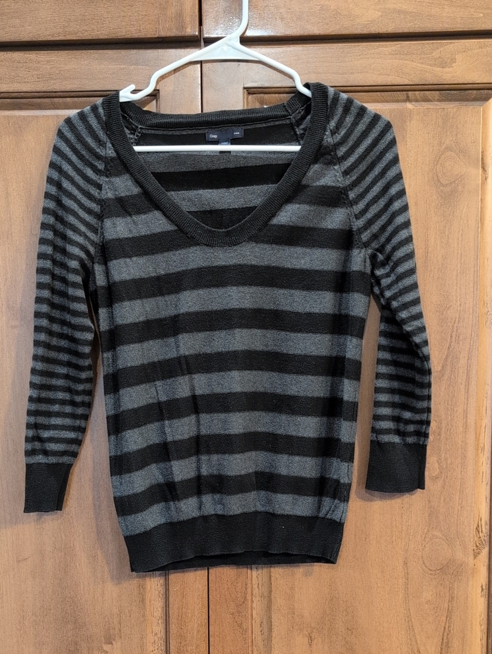 GAP Black and Gray Striped V-Neck Sweater